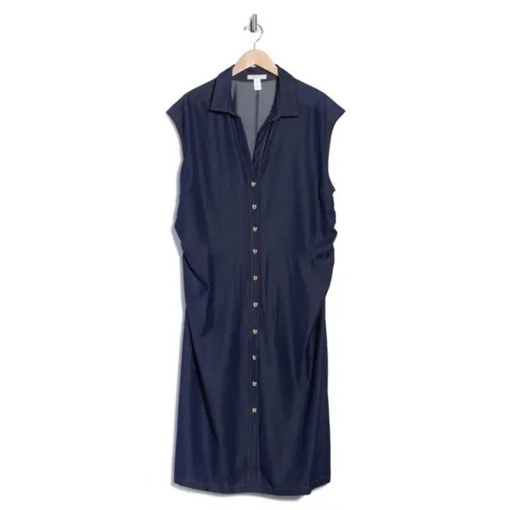 London Times Denim Midi Dress Womens 16W Ruched Button Front Stretch Summer NWT